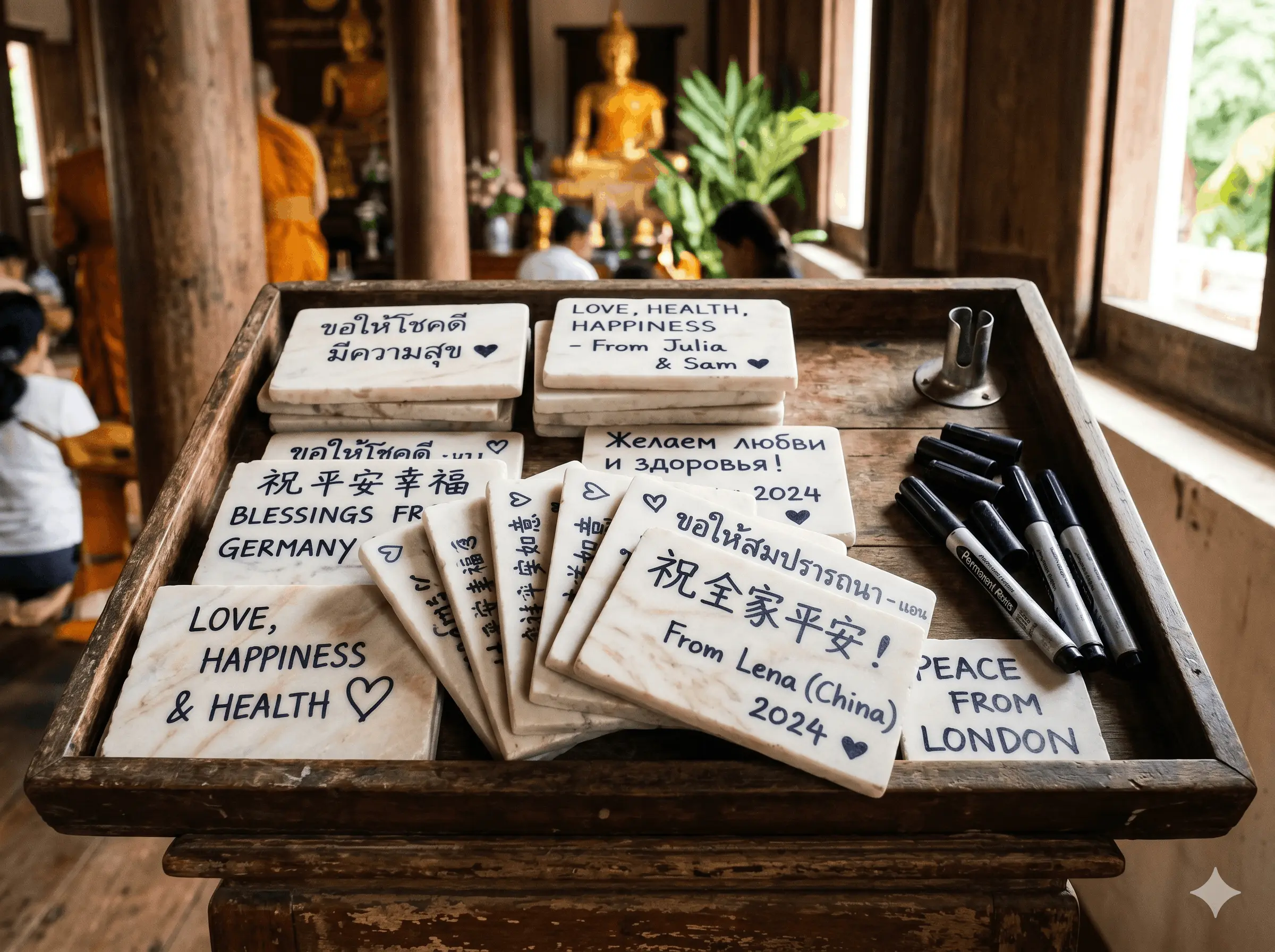 Stack of marble tiles with handwritten wishes, a tradition at Phuket's Big Buddha