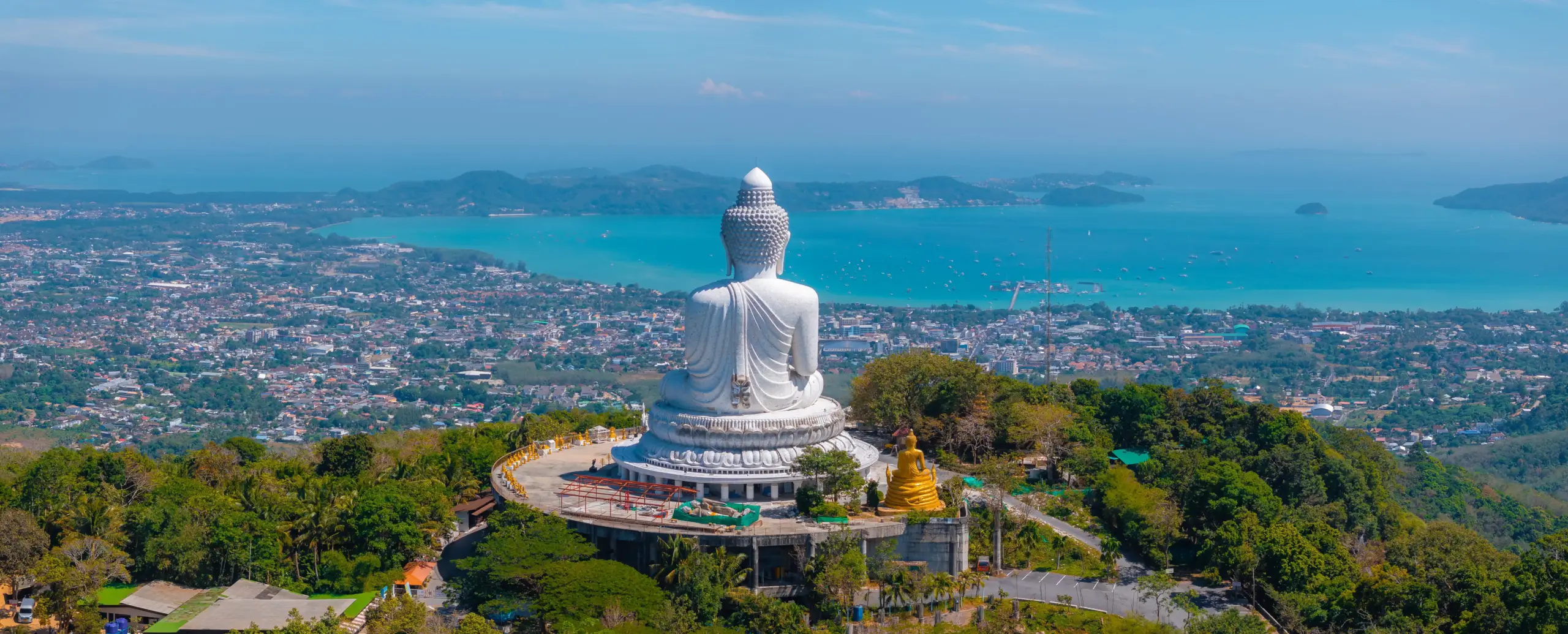 Panoramic view from Nakkerd Hill over Chalong Bay and southern Phuket at golden hour