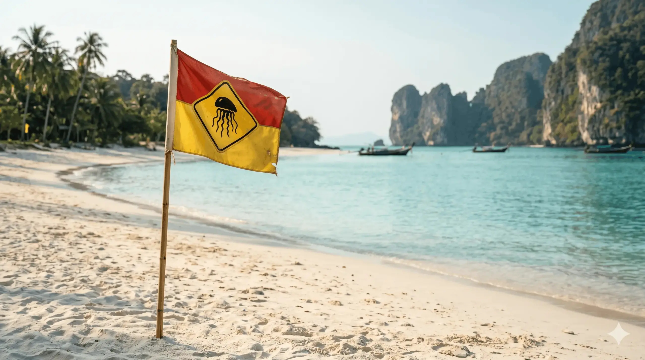 Jellyfish warning flag on a beach at an island near Phuket, April 2026