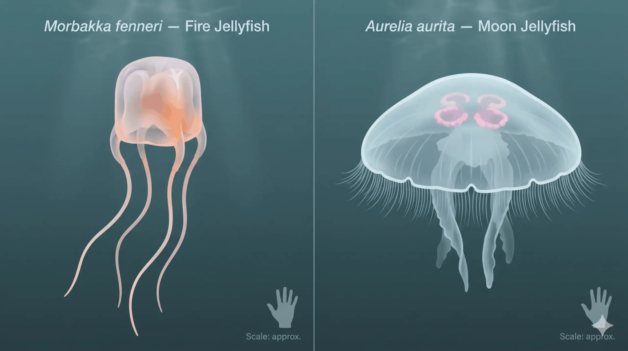 Side-by-side comparison of Morbakka fenneri fire jellyfish and Aurelia moon jellyfish showing body shape, size, and coloration