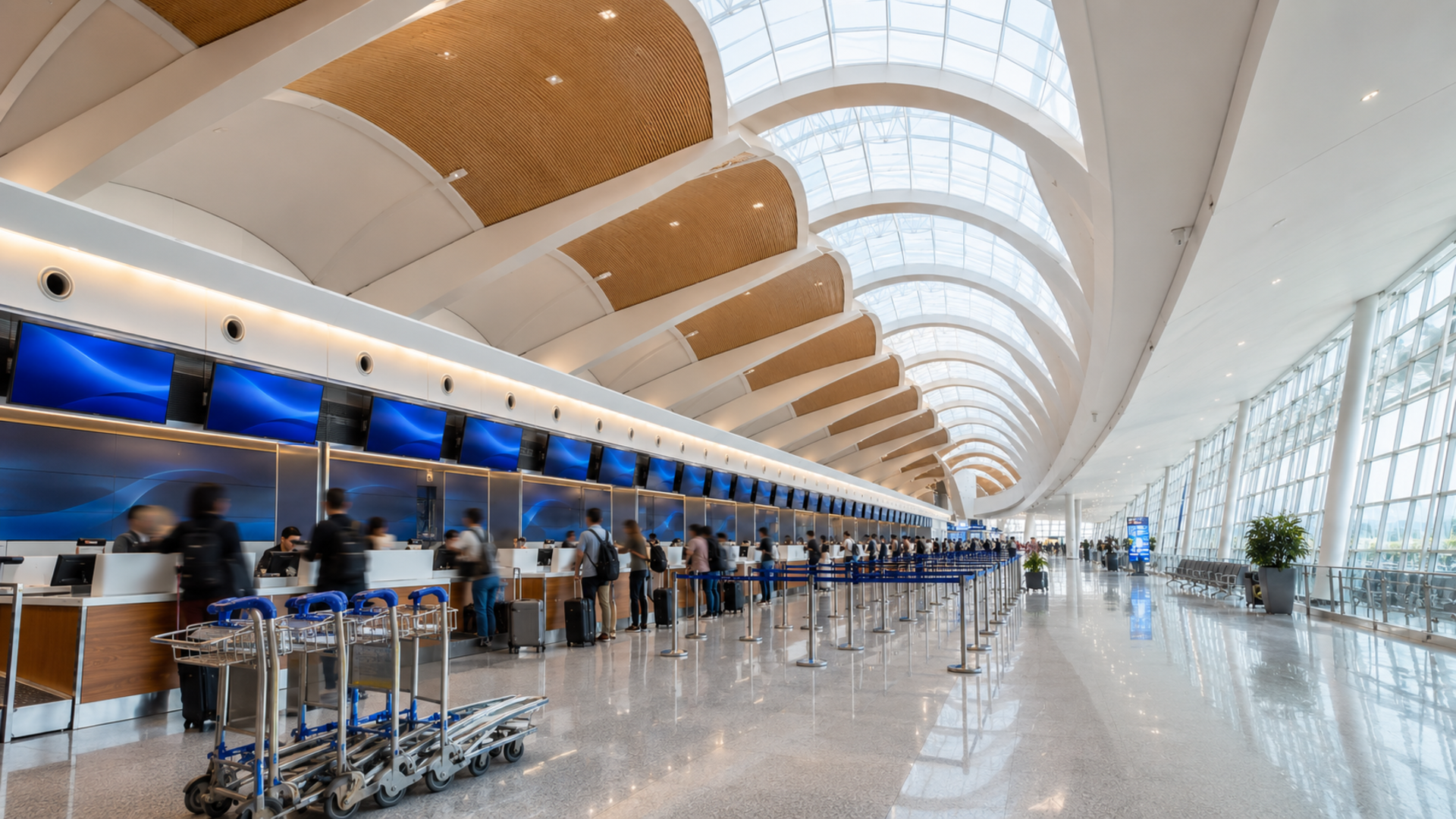 Departure hall of Cam Ranh Airport Terminal 2 — check-in counters under the signature swallow's nest roof