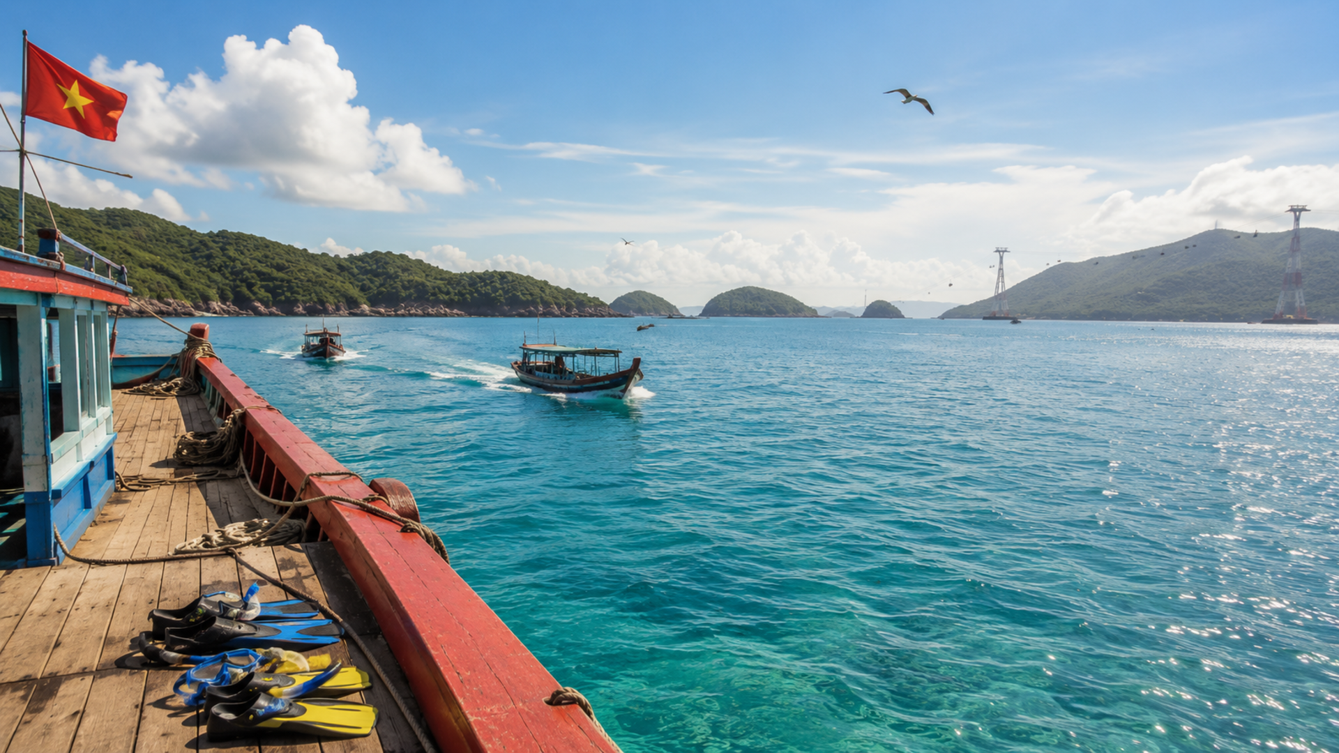 Morning boat tour from Nha Trang — a boat heading between the bay islands in the June dry season