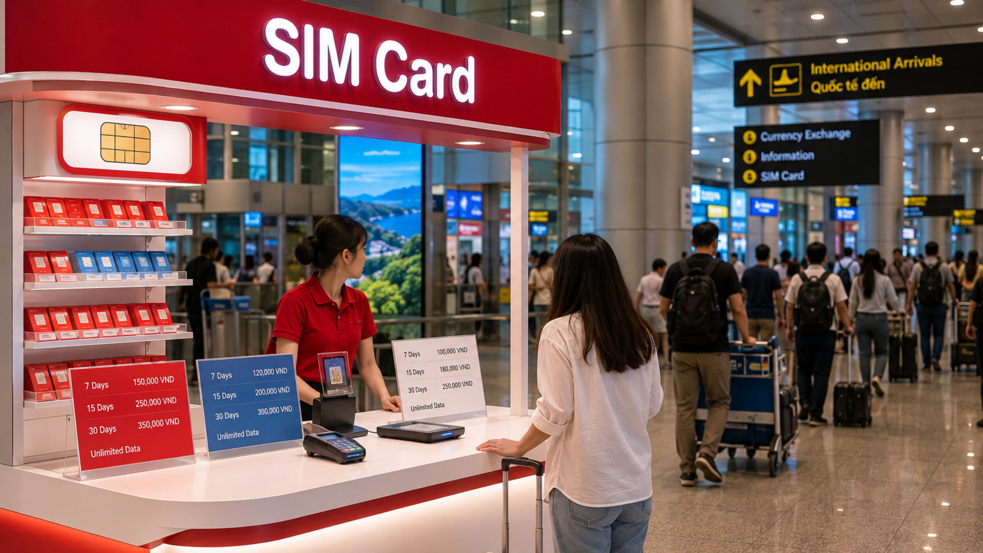 Official mobile operator kiosk with SIM cards in the international arrivals zone of a Vietnamese airport