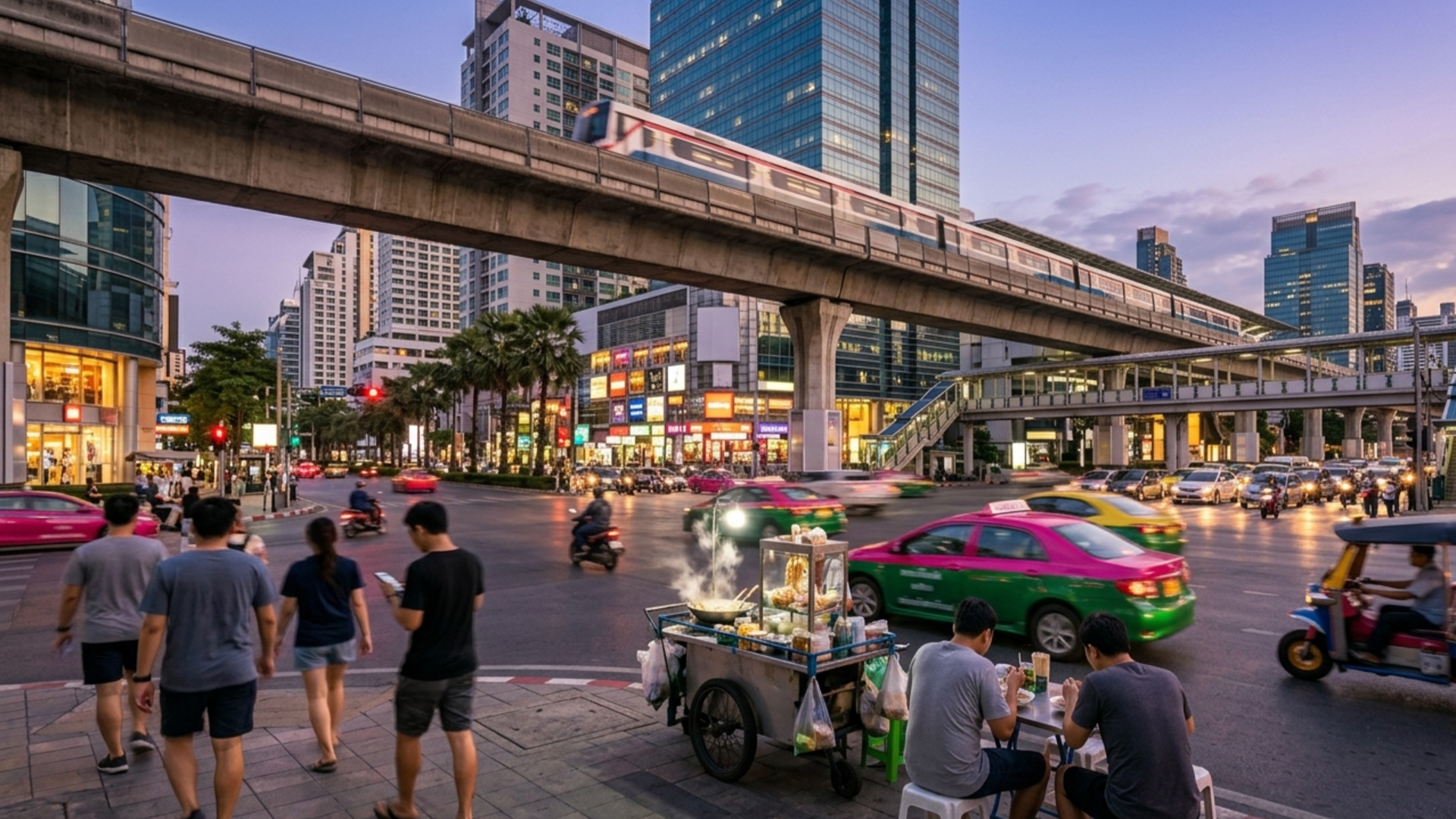 A central Sukhumvit intersection with the elevated BTS, pink-and-green Thai taxis and street food