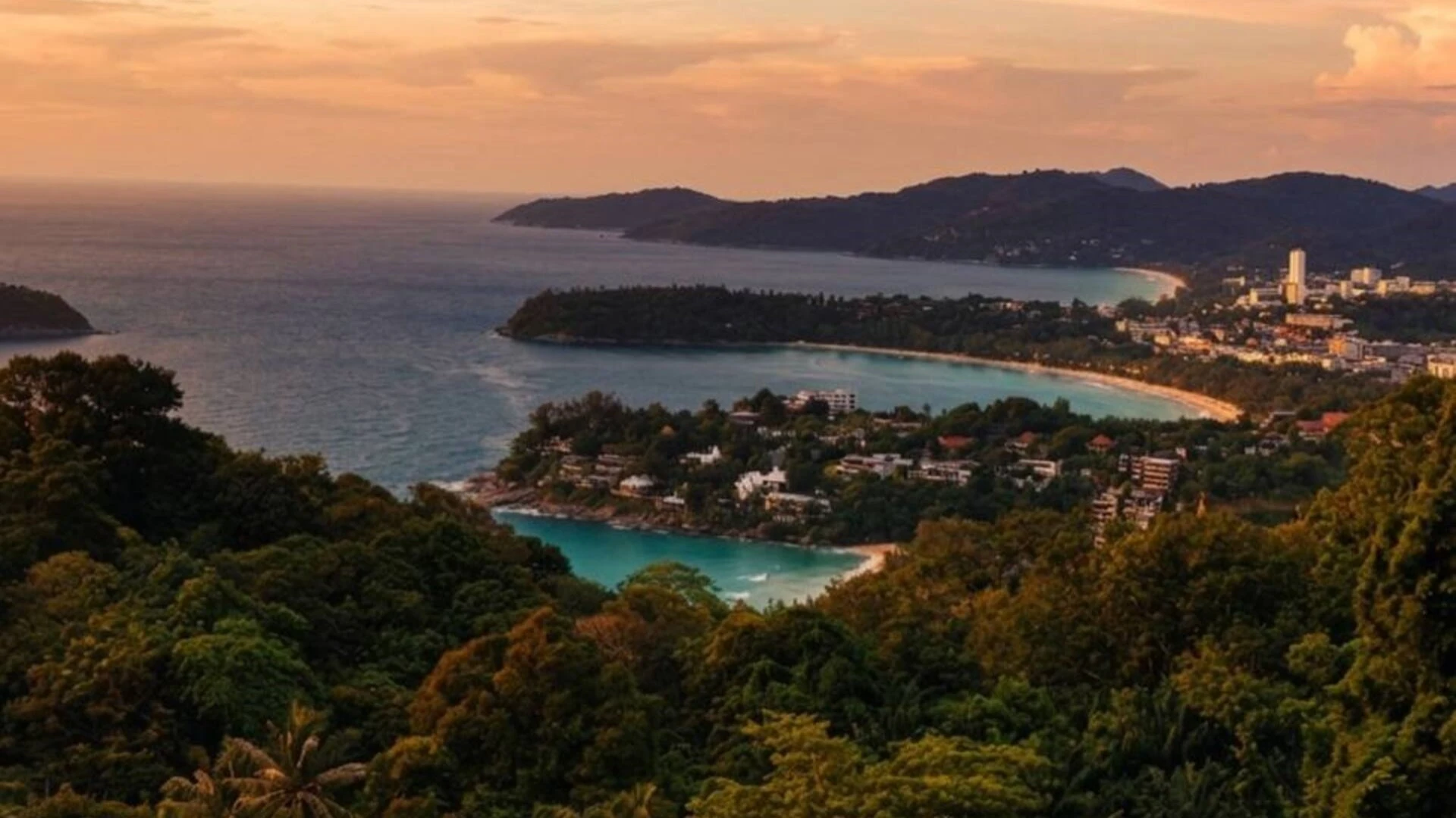 Karon Viewpoint ("Three Beaches") with a view of Kata Noi, Kata and Karon beaches at sunset