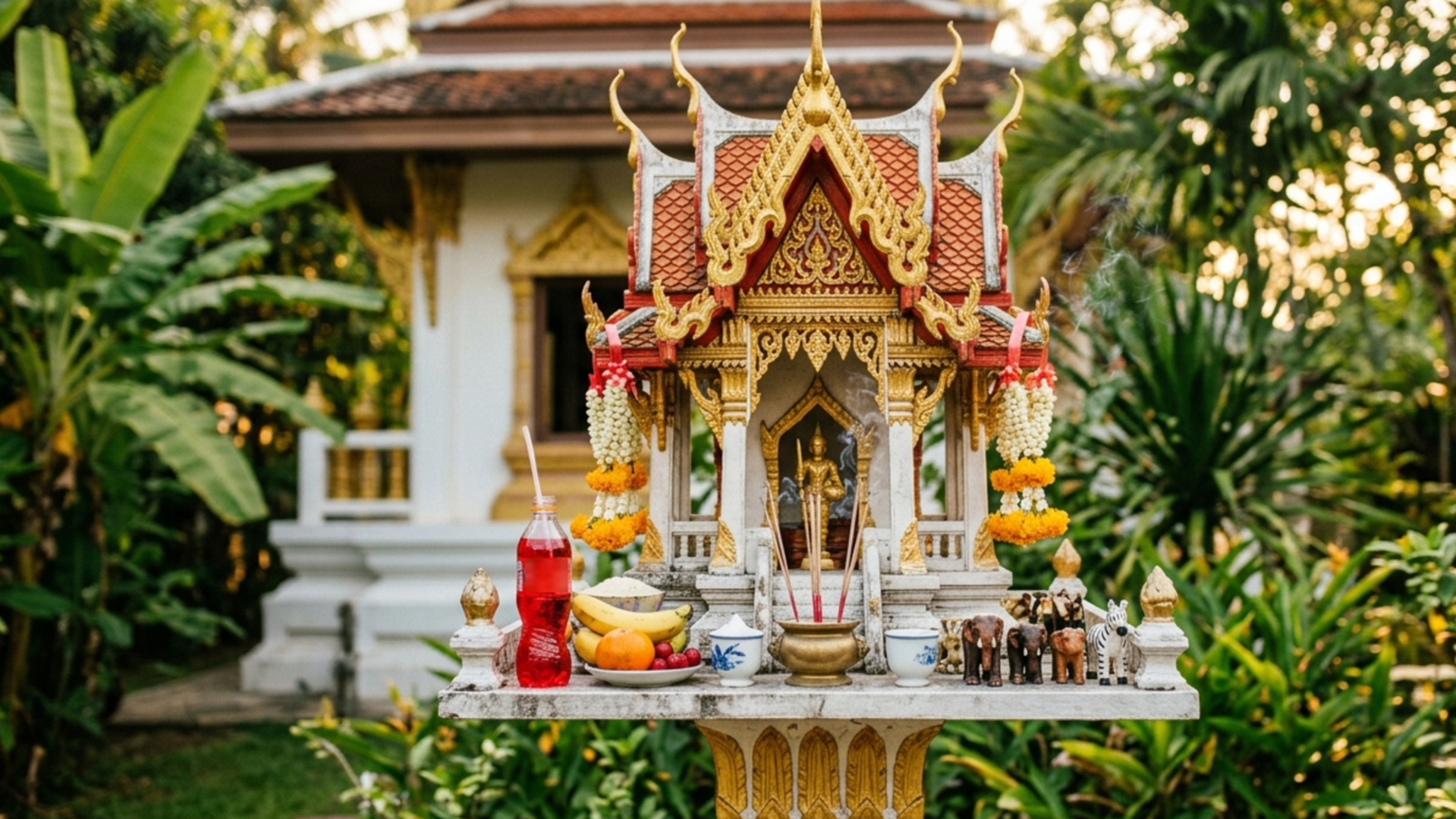A Thai san phra phum spirit house with garlands, incense and offerings at sunset