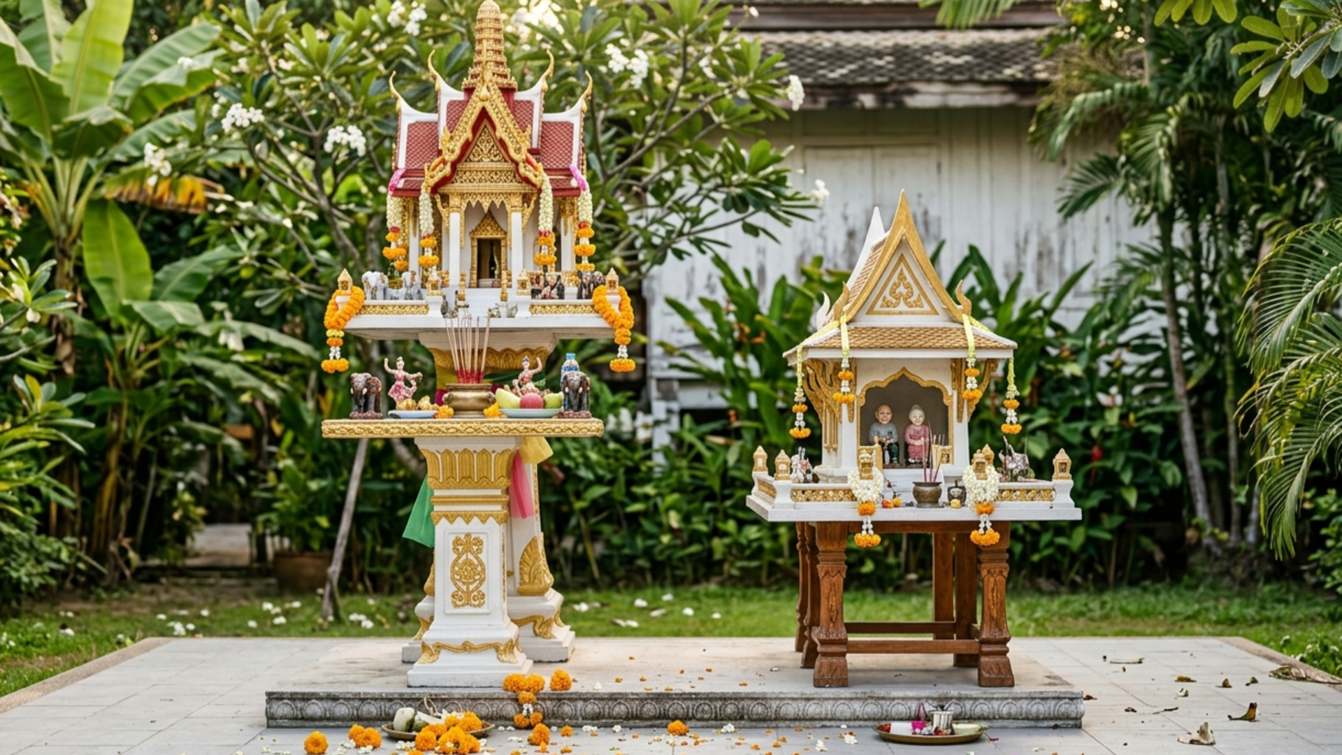Two Thai spirit houses in a garden — a tall san phra phum and a lower san chao thi with Ta and Yai figurines