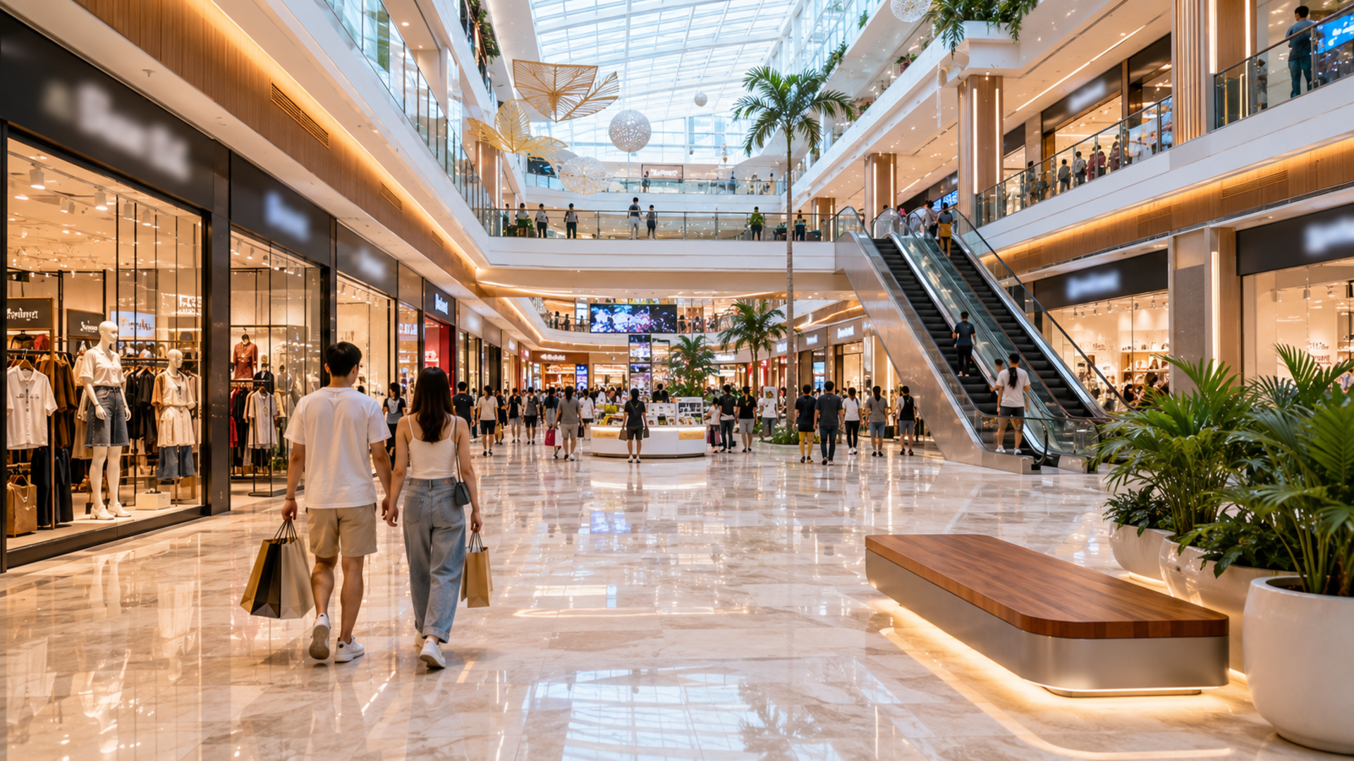 The atrium of a modern shopping mall in Nha Trang with escalators and stores
