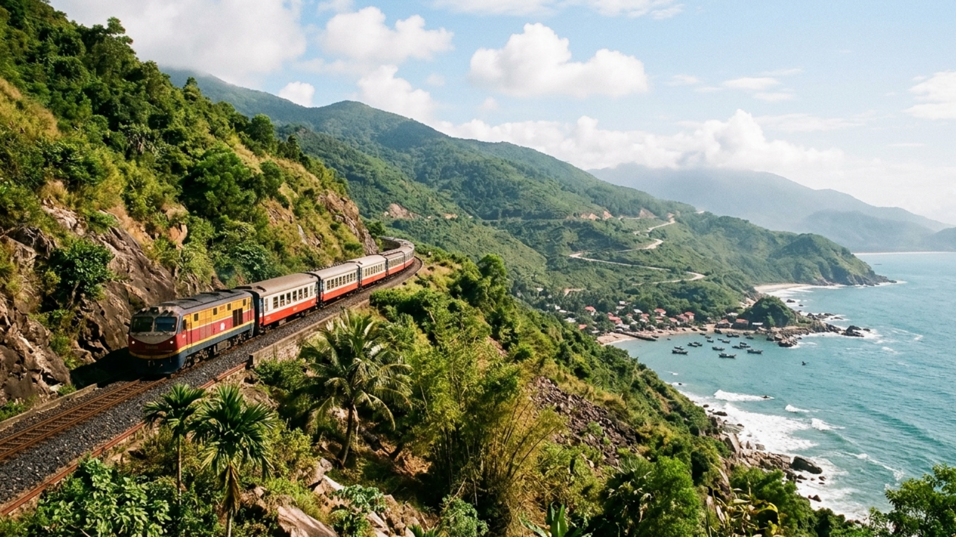 The Reunification Express train on Hai Van Pass between Hue and Da Nang — Vietnam's main railway with a coastal view