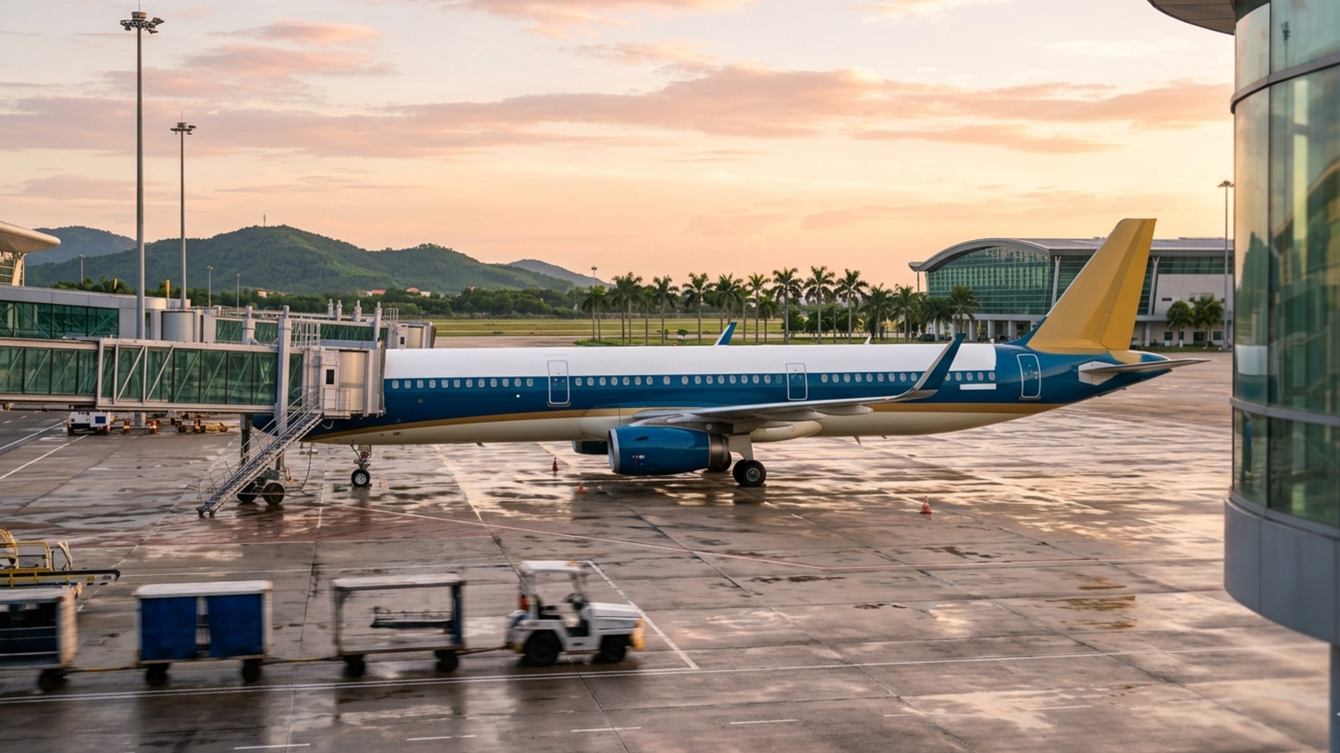 A modern passenger aircraft at a jet bridge at a Vietnamese airport at sunset — domestic flights across Vietnam