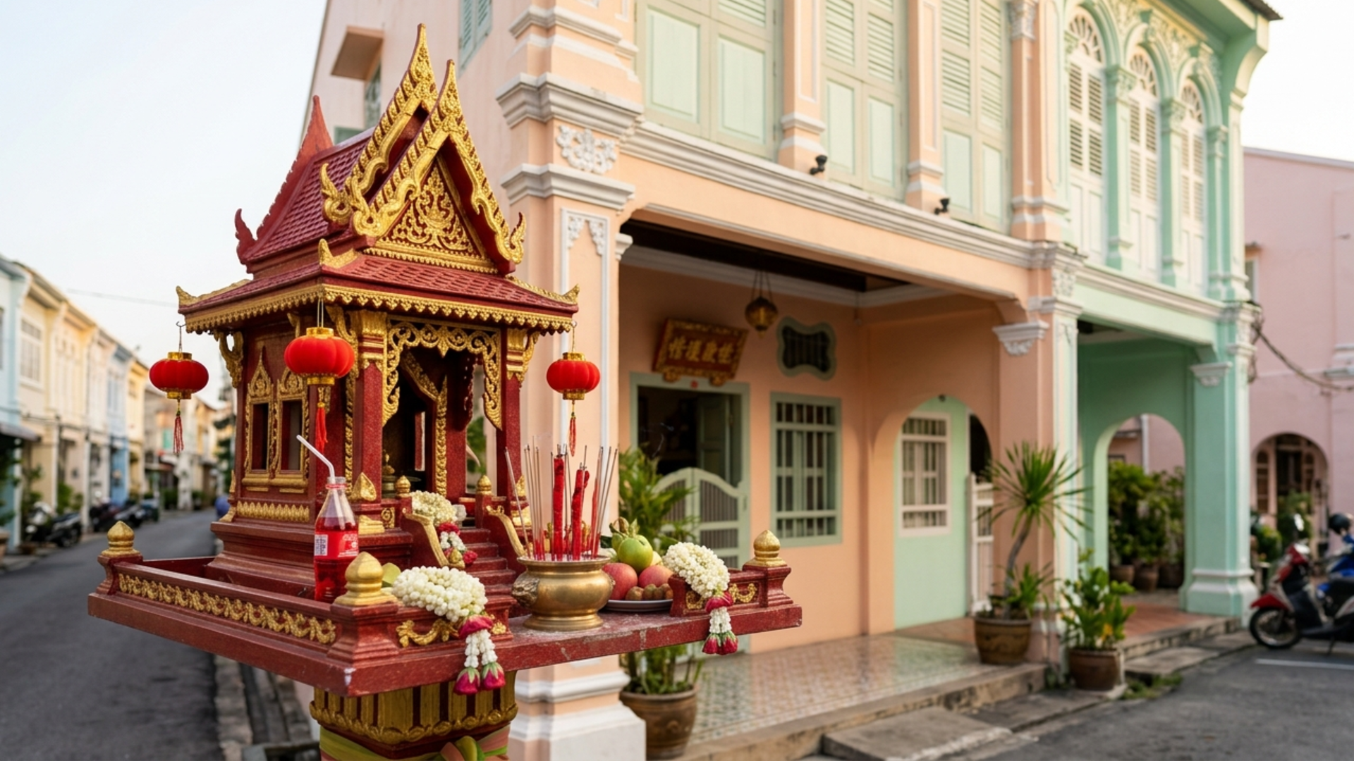 A spirit house with red Chinese lanterns in front of a Sino-Portuguese shophouse in Phuket Old Town