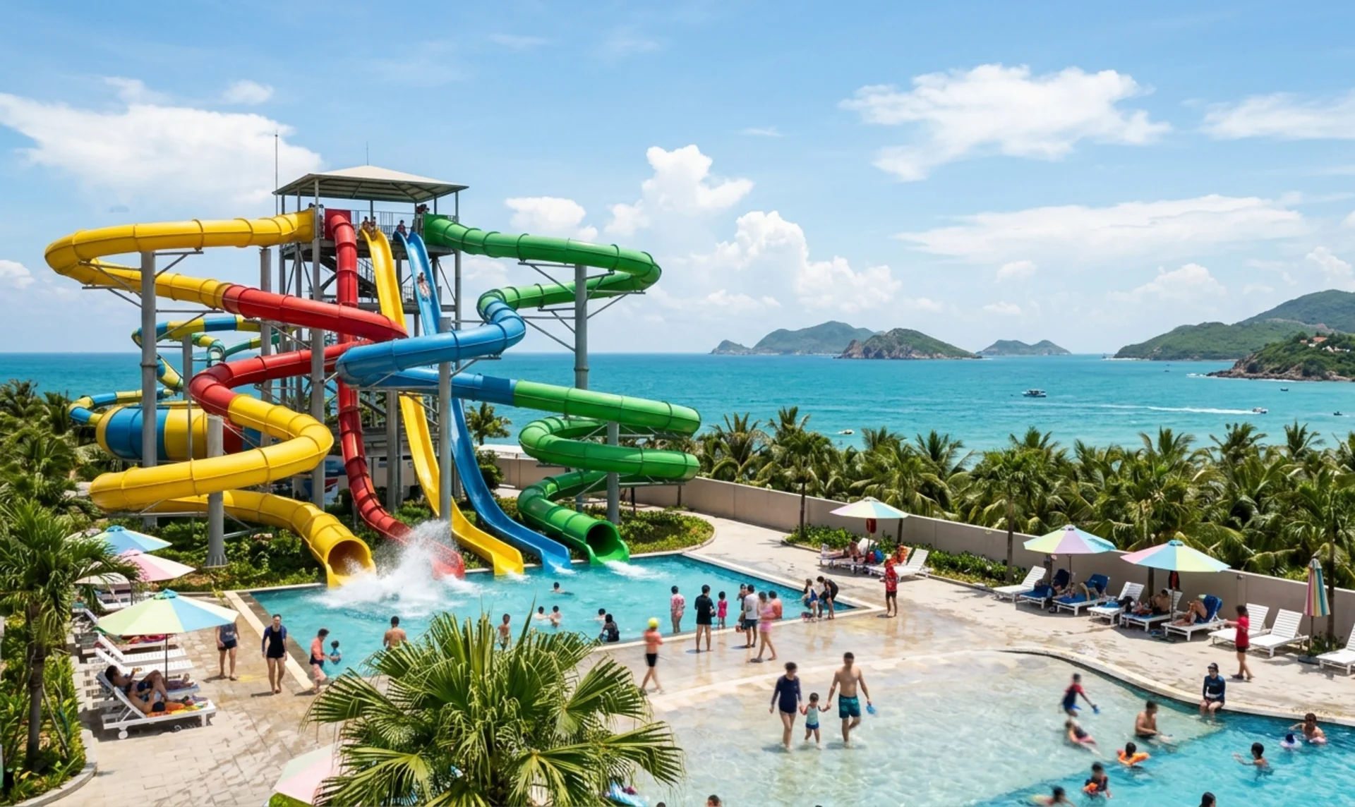Water World aquapark at VinWonders Nha Trang — colorful slides and a view of Nha Trang Bay