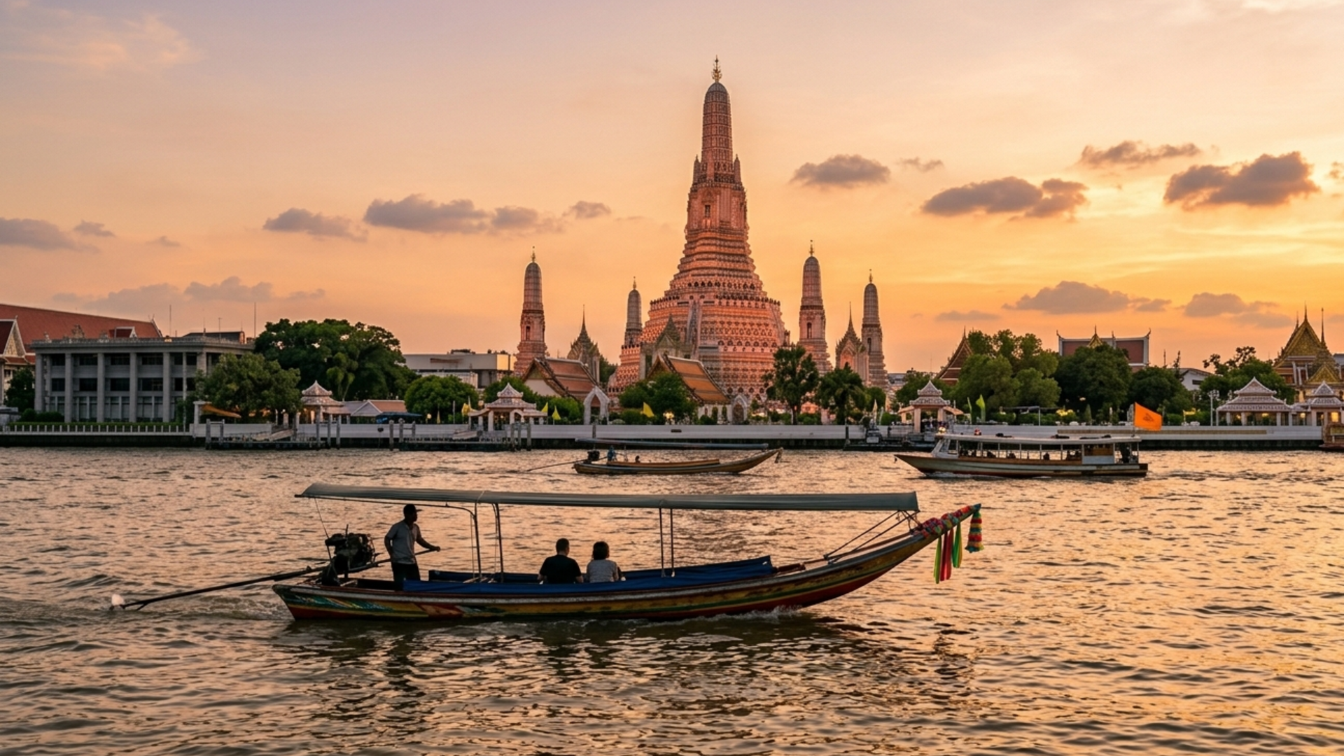 Wat Arun temple on the Chao Phraya River at sunset with a long-tail boat — Bangkok's Riverside