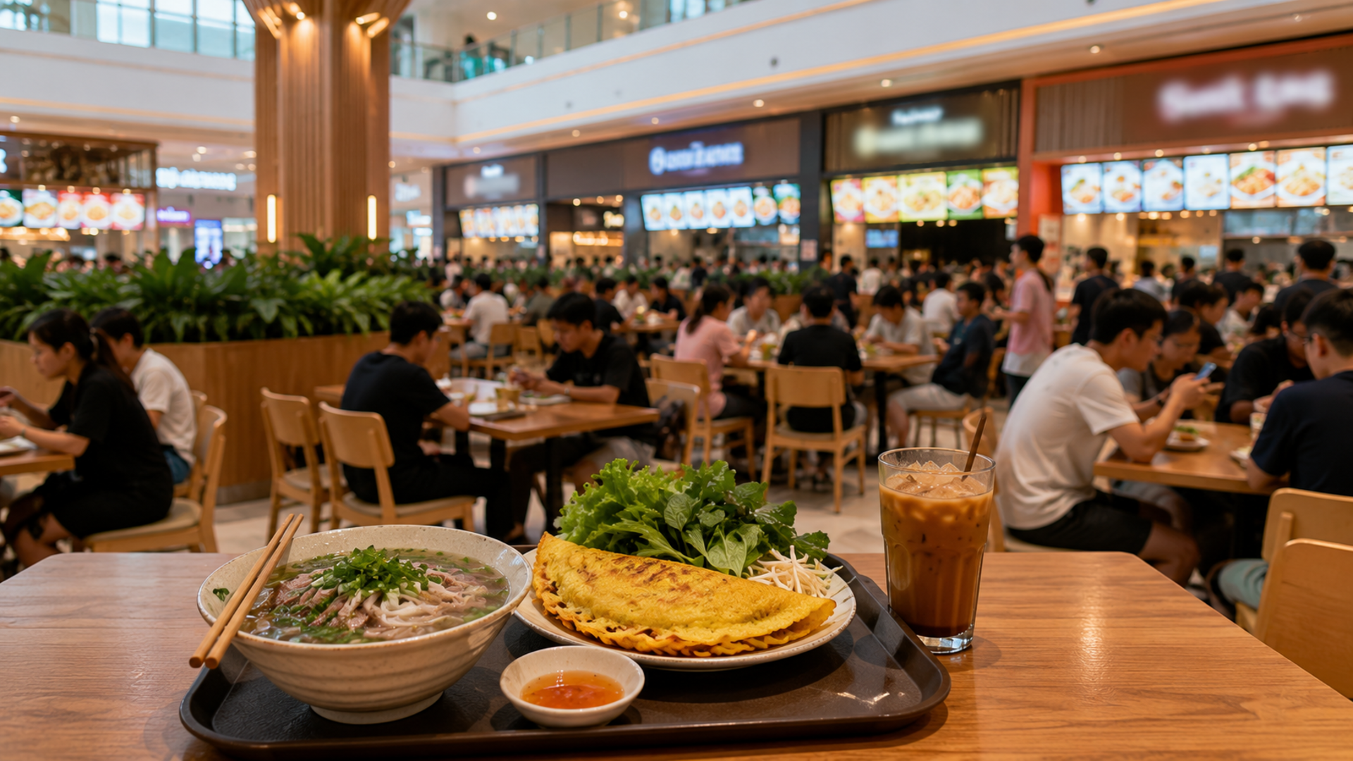 A tray with pho, banh xeo and iced coffee at a Nha Trang shopping mall food court