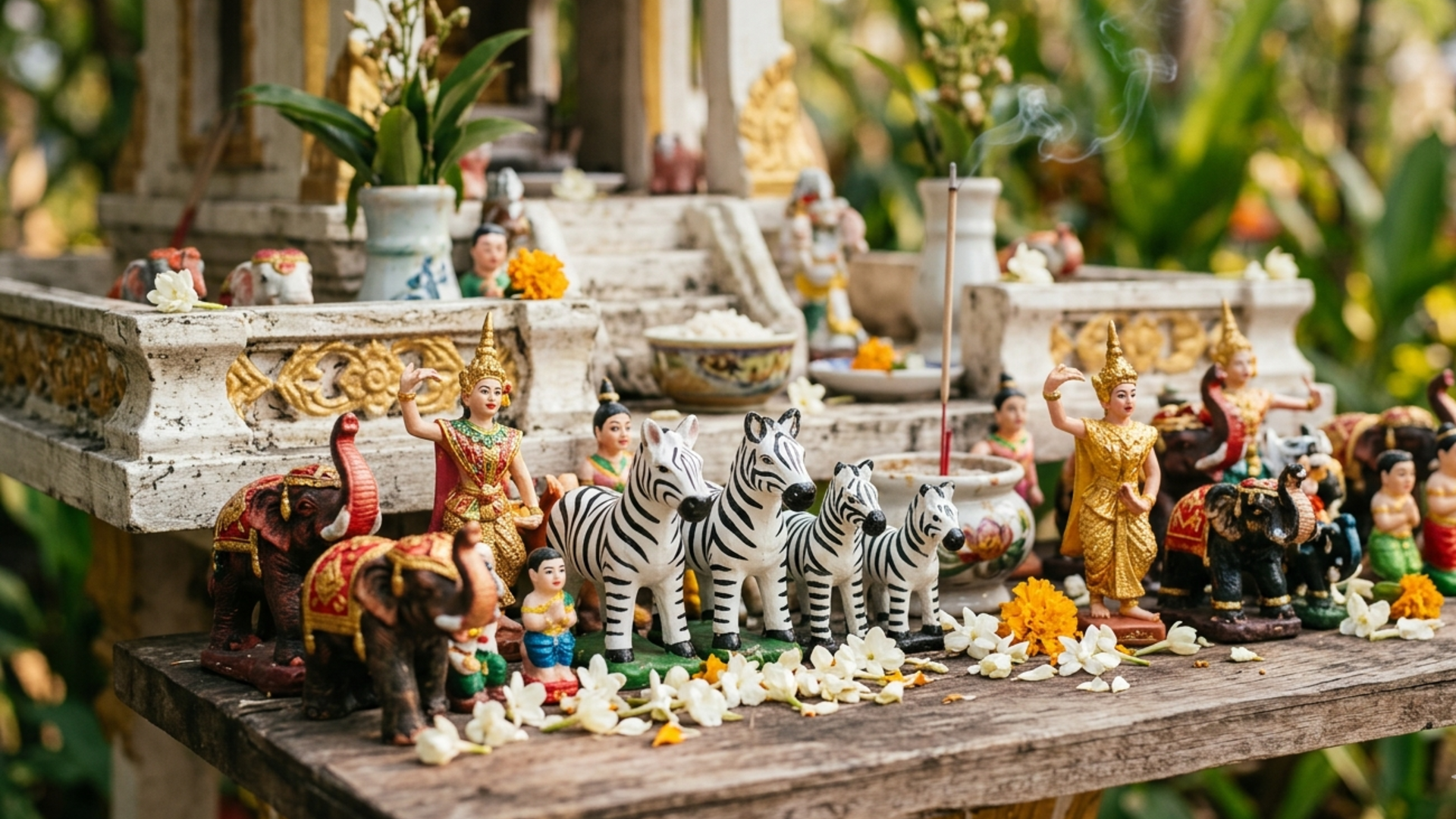 ffering figurines at a Thai spirit house — three zebras in the center, decorated elephants and Thai dancers in golden costumes