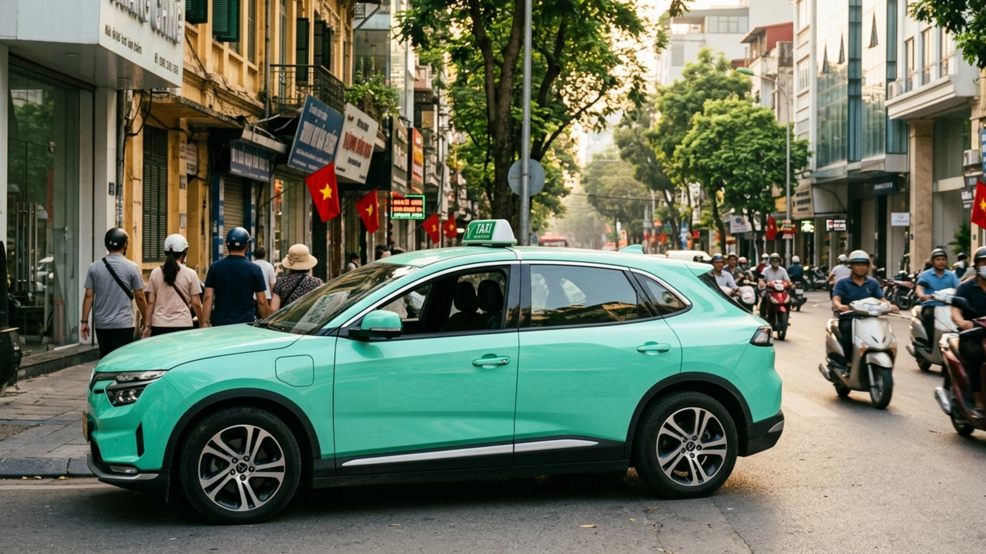 A green electric taxi on a Hanoi street — Xanh SM, Grab and ride-hailing apps in Vietnam