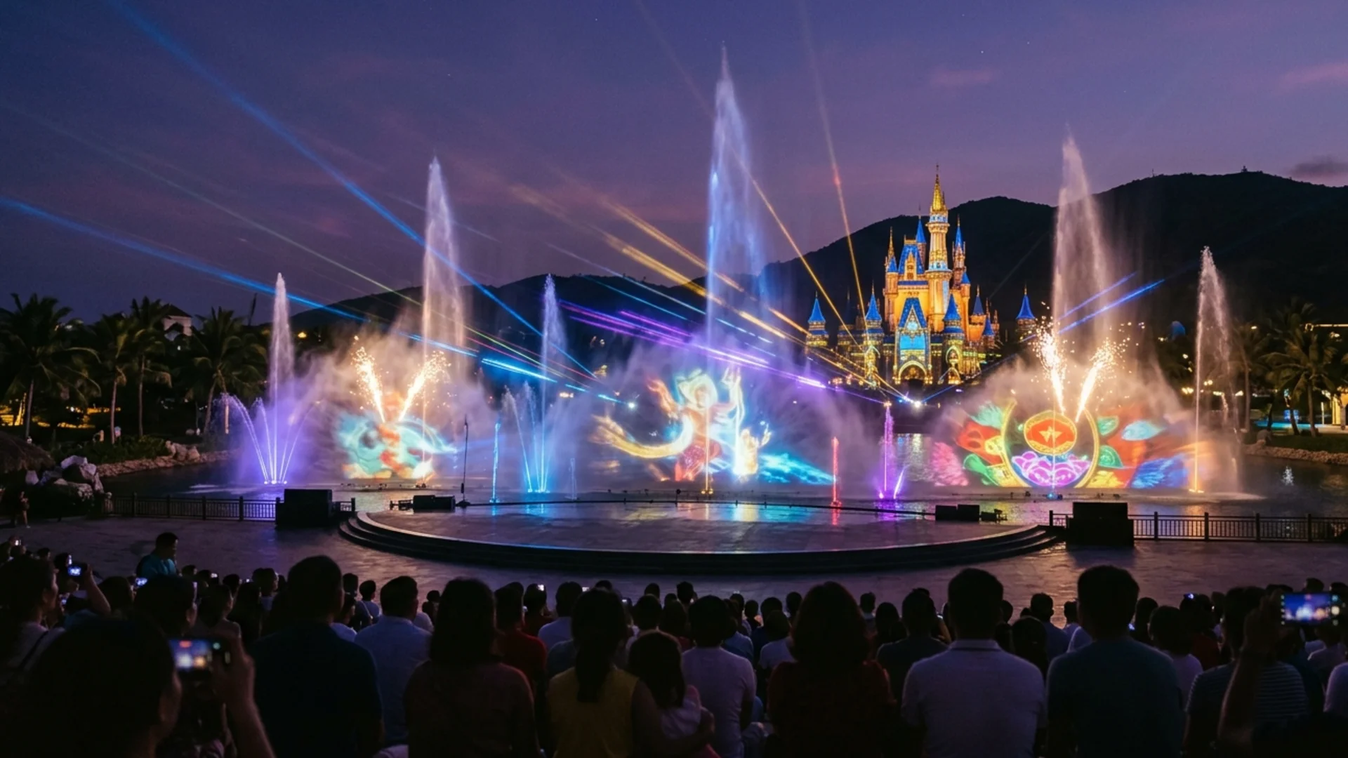 The Tata Show evening multimedia show at VinWonders Nha Trang — fountains, lasers and projections against the fairytale castle